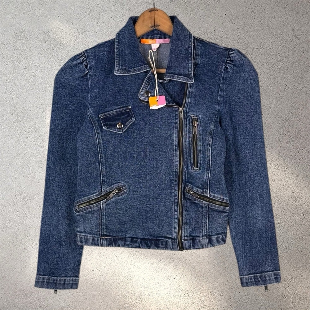 Briton Court Dark Wash Denim Moto Jacket NWT Sz XS - Picture 2 of 5